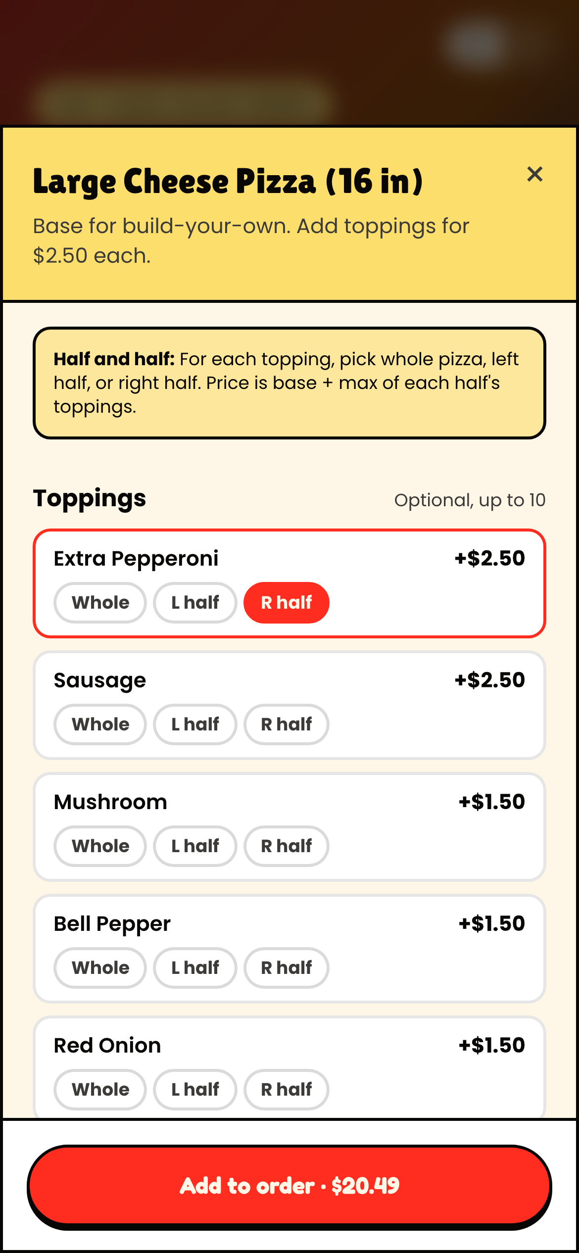 Pizza Loop half-and-half picker on iPhone: pepperoni L, mushroom R, live price